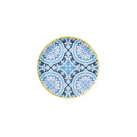 Blue Amalfi tile patterned small dessert plate with gold rim.
