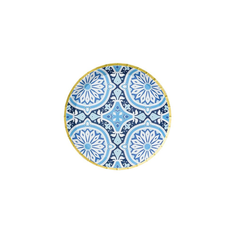 Blue Amalfi tile patterned small dessert plate with gold rim.
