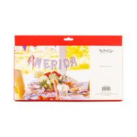 Back of red packaging box for America fabric banner showing styled 4th of July tablescape