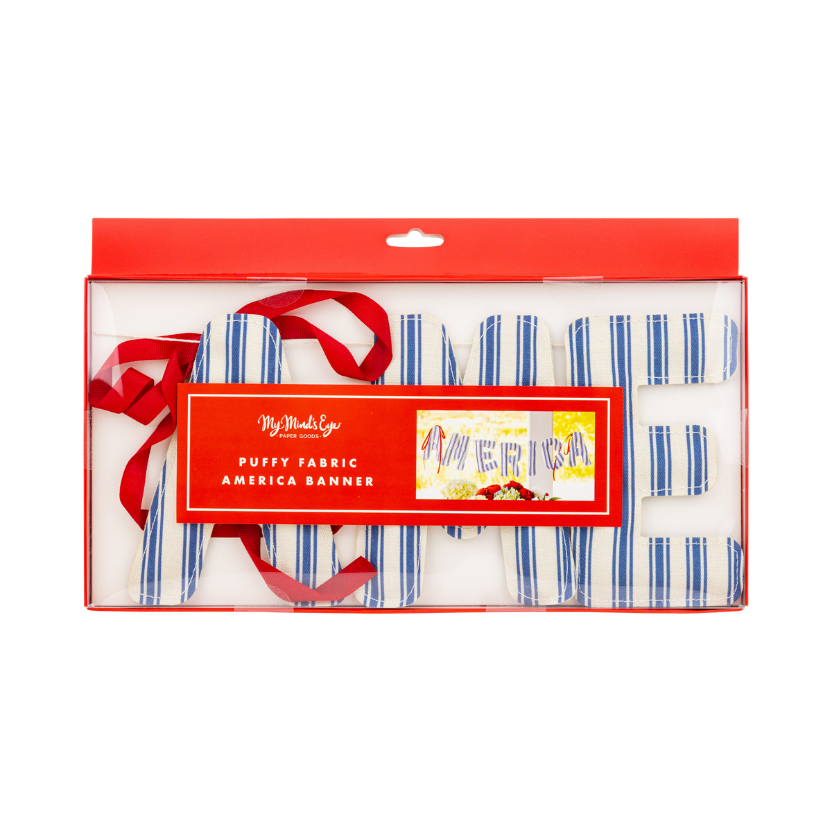 America puffy ticking fabric banner inside red gift box with clear window