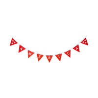Full America felt pennant banner laid flat on white background showing all nine red pennants with white felt AMERICA letters and star bookends on cream ric-rac ribbon
