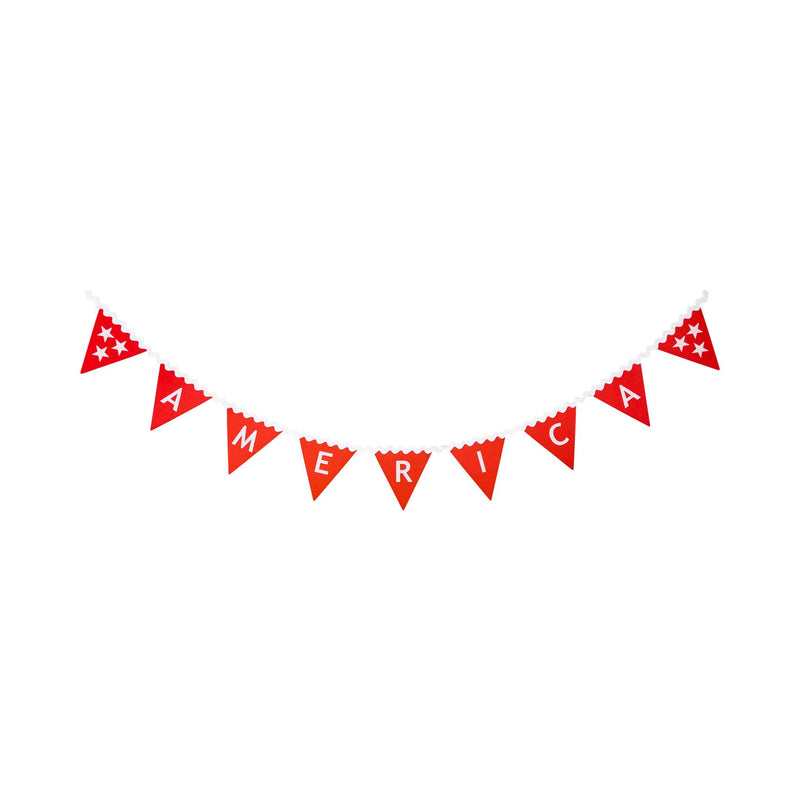 Full America felt pennant banner laid flat on white background showing all nine red pennants with white felt AMERICA letters and star bookends on cream ric-rac ribbon