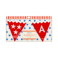 America felt pennant banner in retail box showing red felt pennants with white star and letter details on blue star print packaging