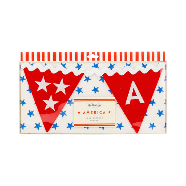 America felt pennant banner in retail box showing red felt pennants with white star and letter details on blue star print packaging