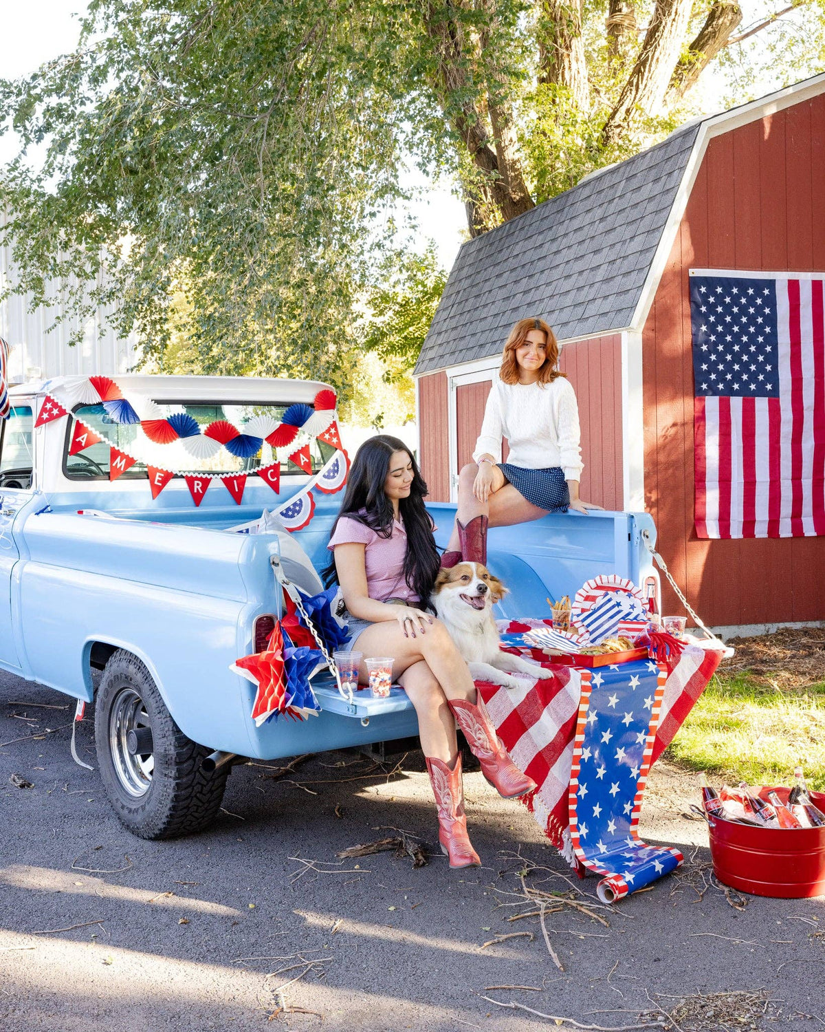 America felt pennant banner hung on vintage blue truck with two women and a dog sitting in the truck bed surrounded by patriotic party decor