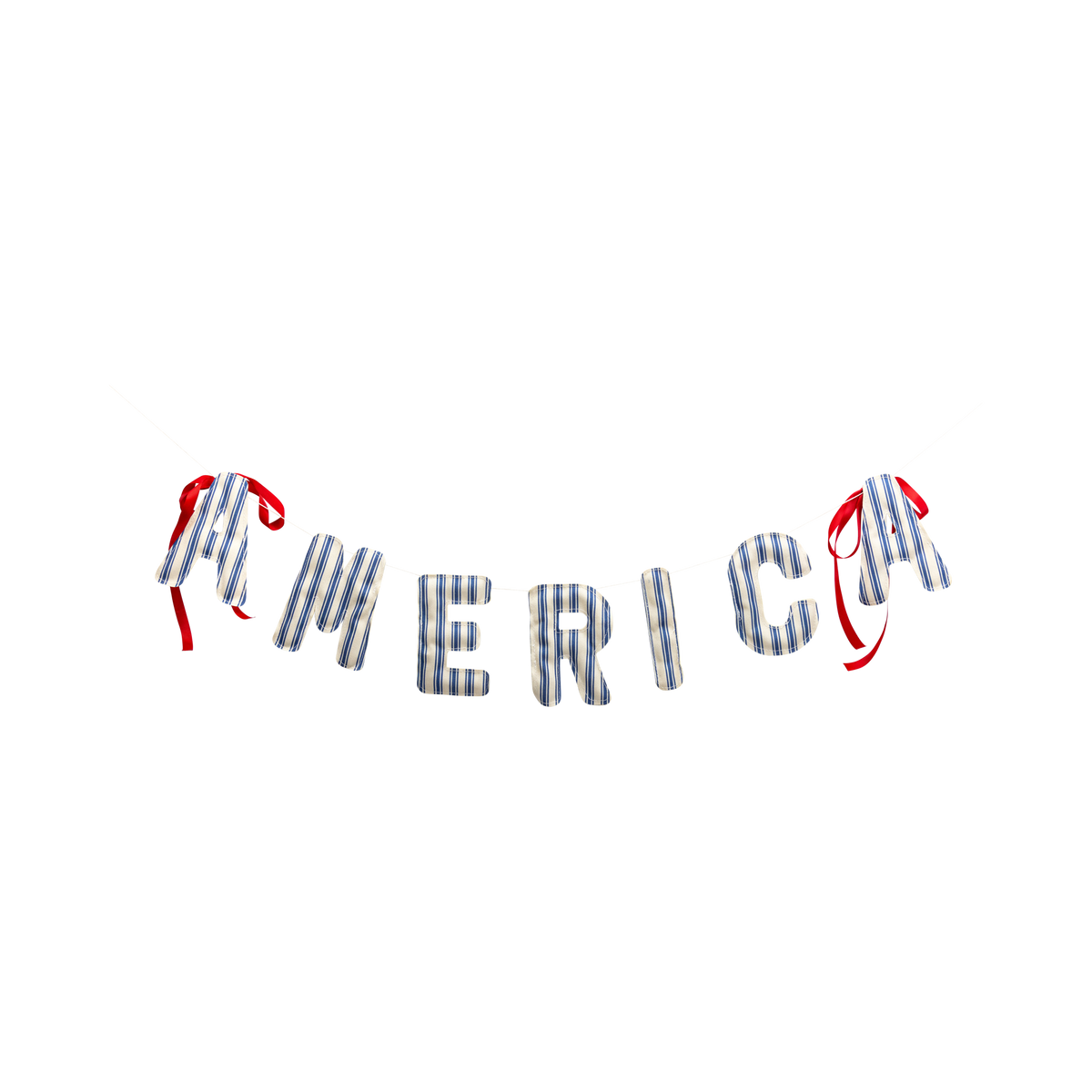 Product shot of AMERICA puffy fabric letter banner with red ribbon ties on white background