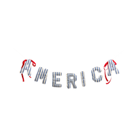 Product shot of AMERICA puffy fabric letter banner with red ribbon ties on white background