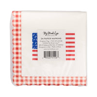 Back of packaging for American flag gingham paper cocktail napkins showing product label and barcode on cellophane-wrapped stack