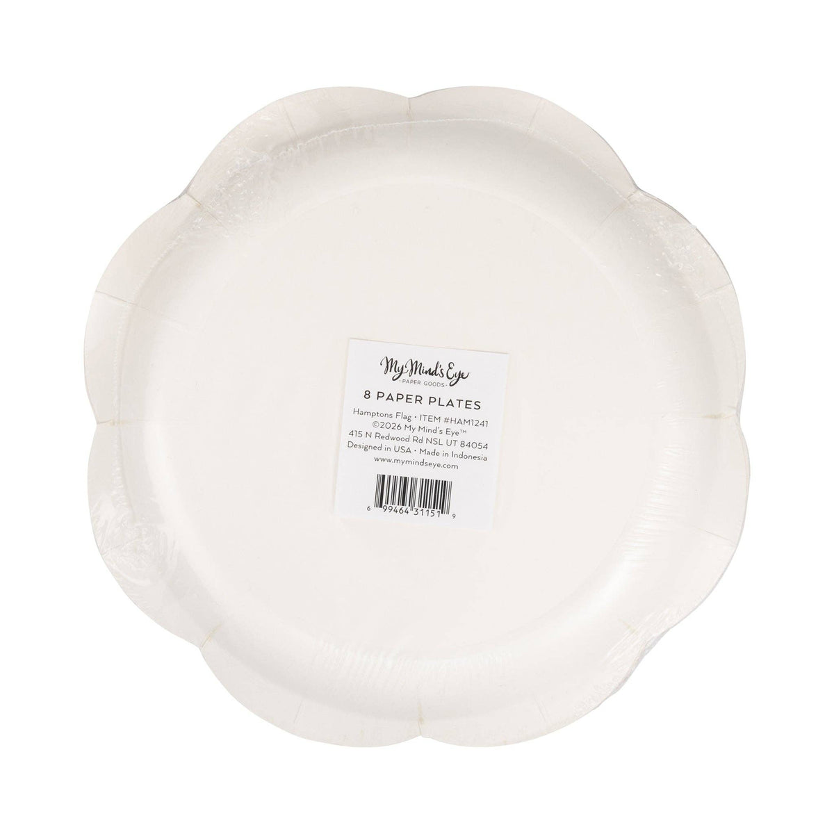 Back of American flag scalloped paper plate showing product label — 8 count, 8" size