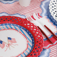 Patriotic Cocktail Napkins paired with a red lattice charger and white cutlery for a Coastal Americana Aesthetic.