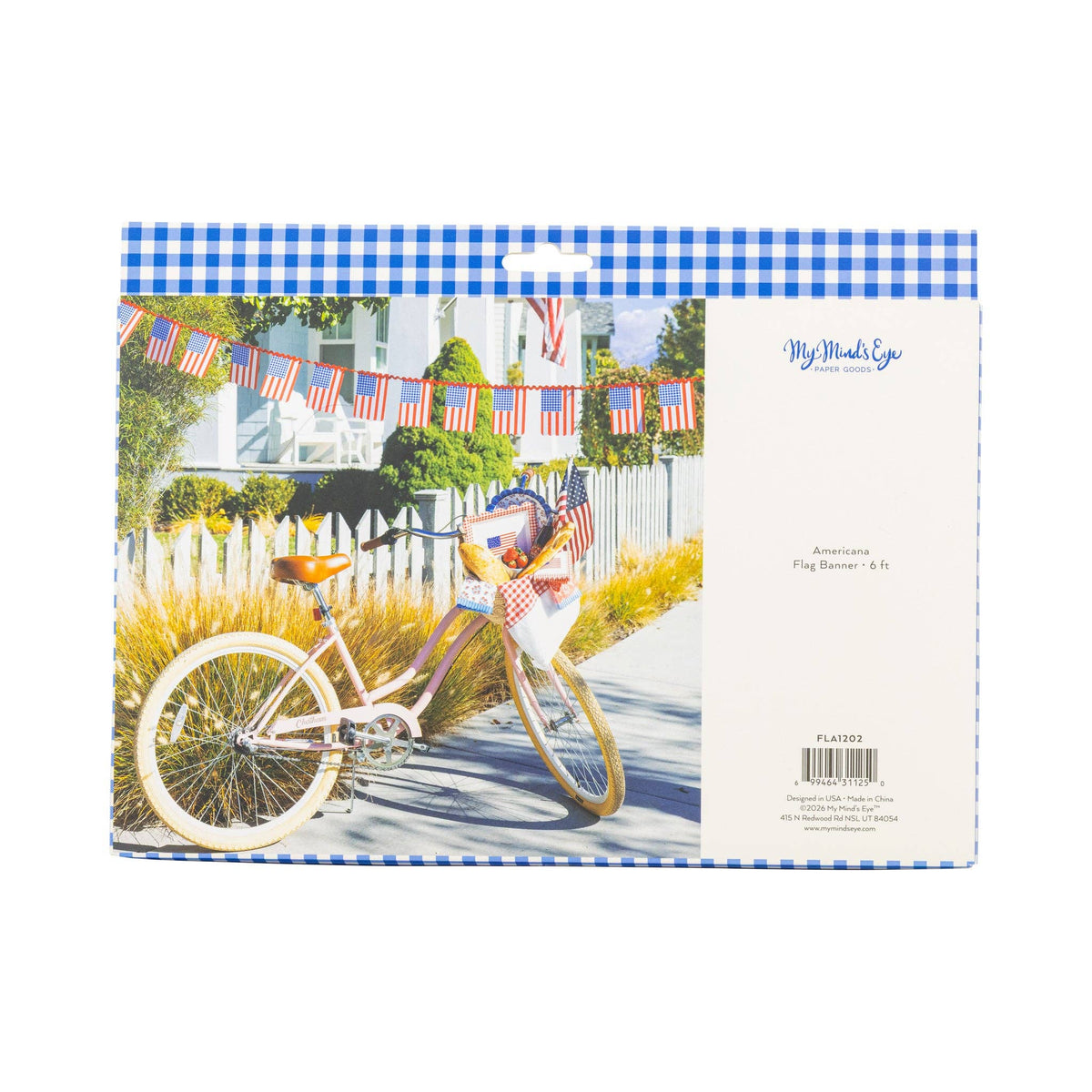Back of retail packaging for the Americana flag banner showing product photo, blue gingham border, and product details