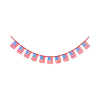 Flat lay of the full Americana gingham and stripe flag banner on a white background showing all eleven flags on red ric-rac ribbon