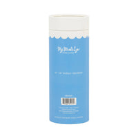 Back of a light blue gift tube for the Americana jigsaw puzzle showing 10 inch by 10 inch puzzle, 100 pieces, My Minds Eye branding, and item number USA1221
