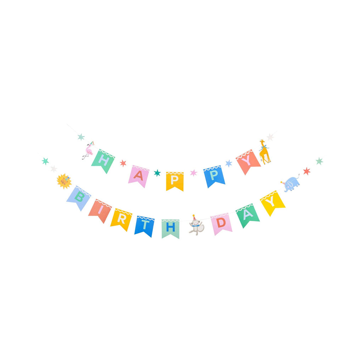 Animal themed happy birthday banner with colorful pennant flags and animal illustrations.