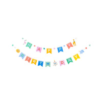 Animal themed happy birthday banner with colorful pennant flags and animal illustrations.