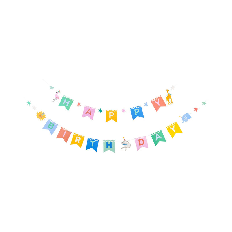 Animal themed happy birthday banner with colorful pennant flags and animal illustrations.