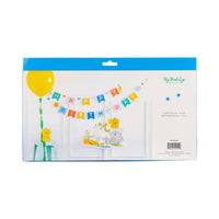 Back of packaging displaying animal birthday banner product details.