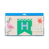 Packaging showing animal party happy birthday banner set.