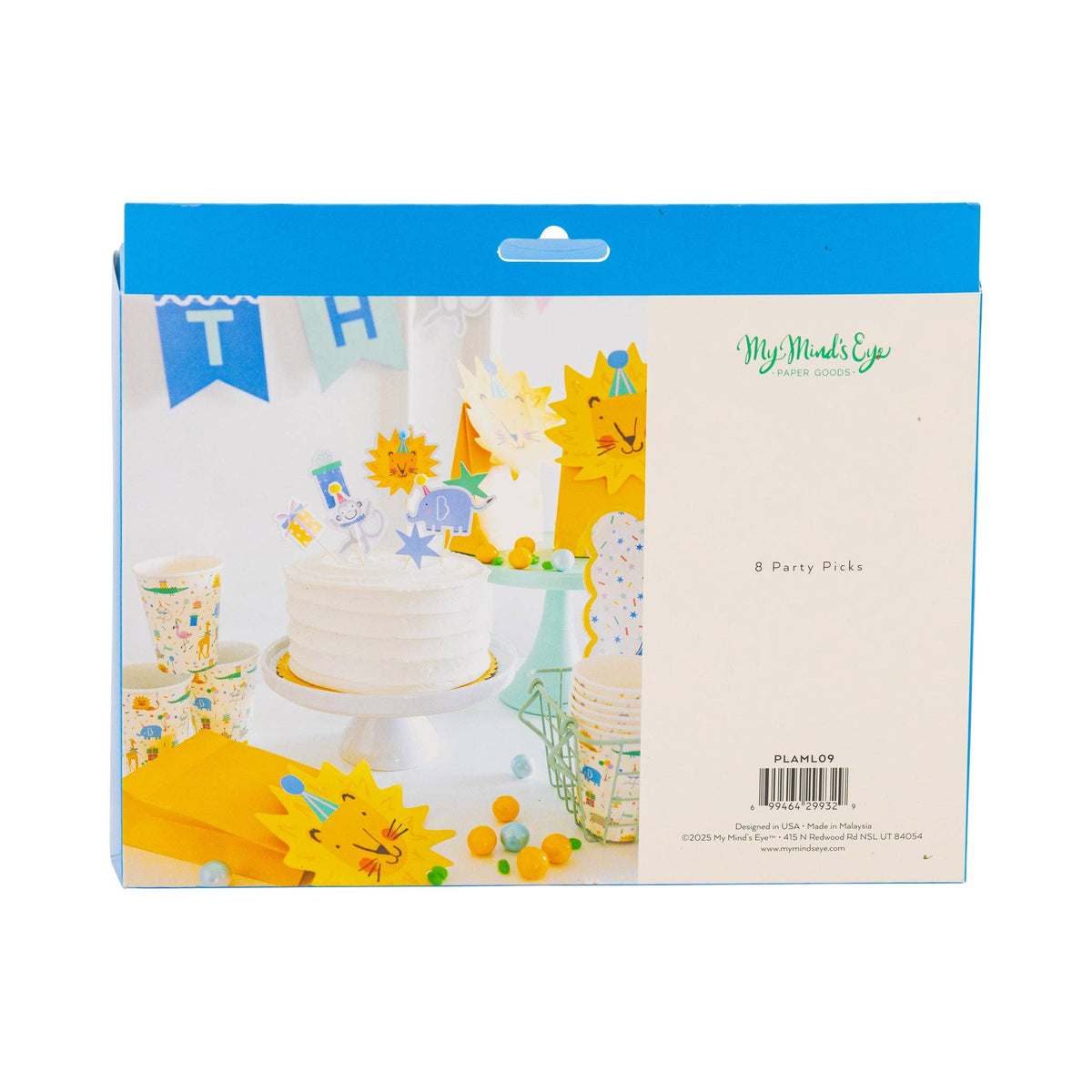 Back packaging of animal cupcake picks showing product details and party setup.