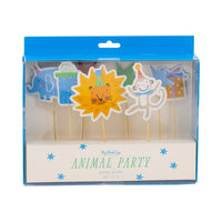 Front packaging of Animal Party cupcake picks set with safari designs.