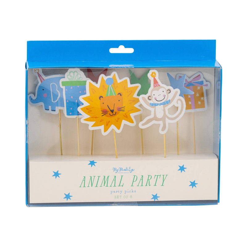 Front packaging of Animal Party cupcake picks set with safari designs.