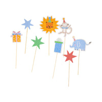 Animal cupcake picks set with lion, monkey, elephant, stars, and gift designs for Wild One Birthday.