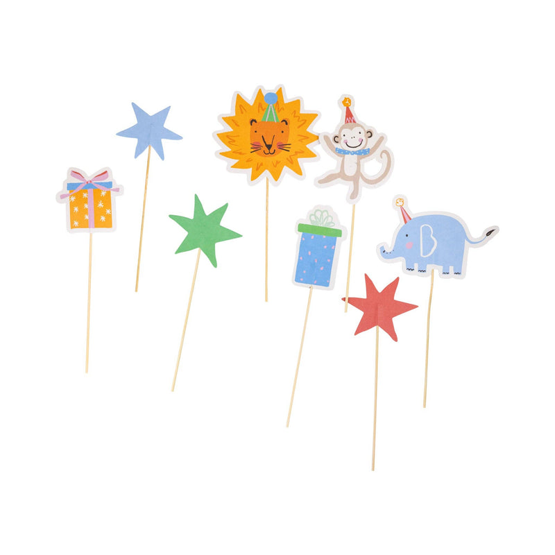 Animal cupcake picks set with lion, monkey, elephant, stars, and gift designs for Wild One Birthday.