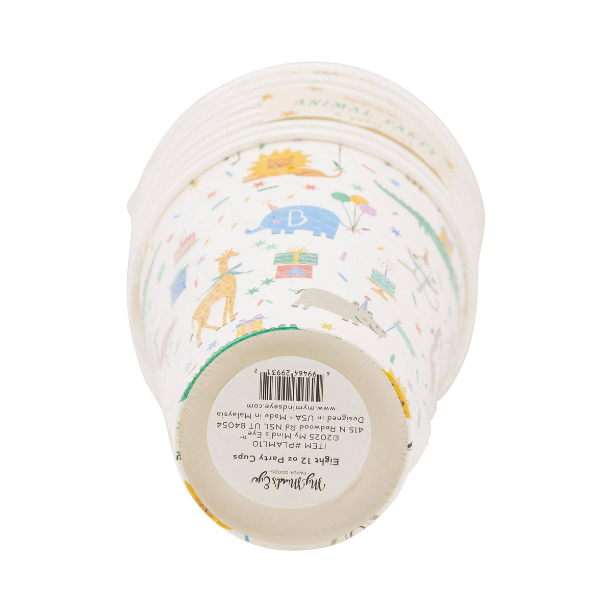 Bottom view of animal party cups showing brand label
