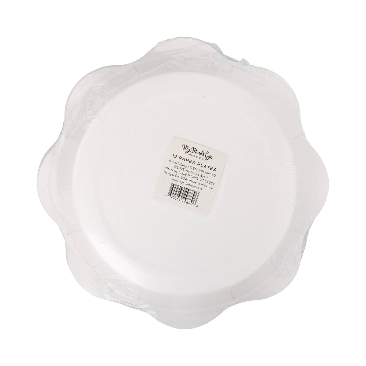 Back view of stacked animal party scalloped paper plates showing plate shape and packaging label.