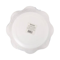 Back view of stacked animal party scalloped paper plates showing plate shape and packaging label.