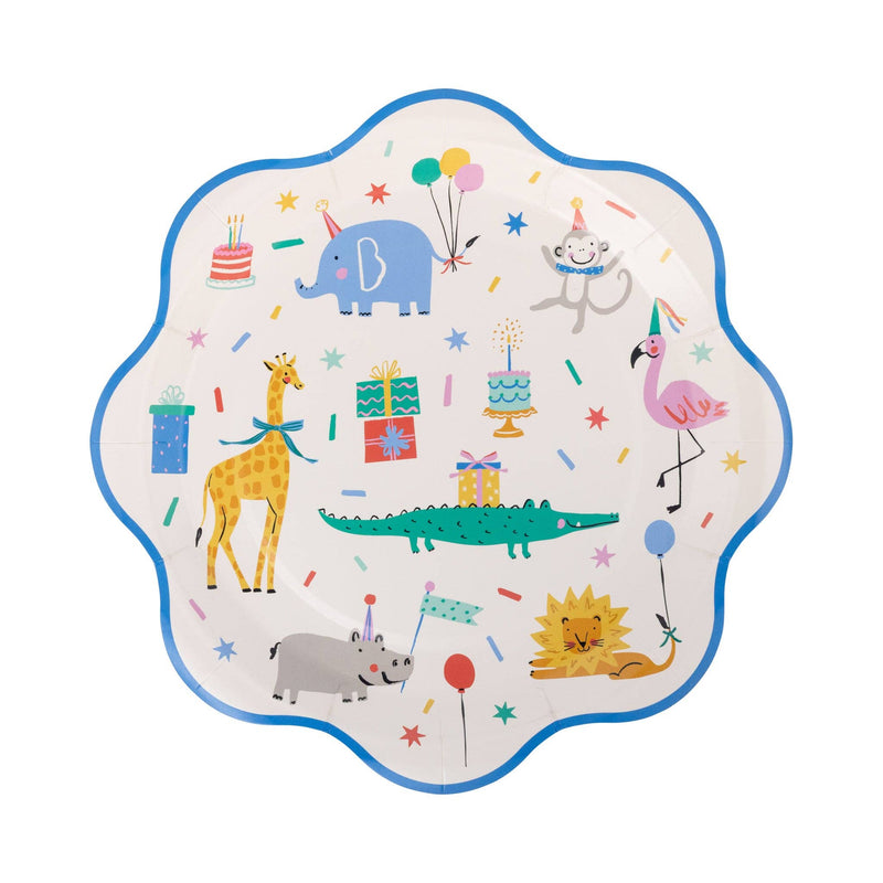 Animal party scalloped paper plate with giraffe, elephant, lion, and balloon illustrations on white background.