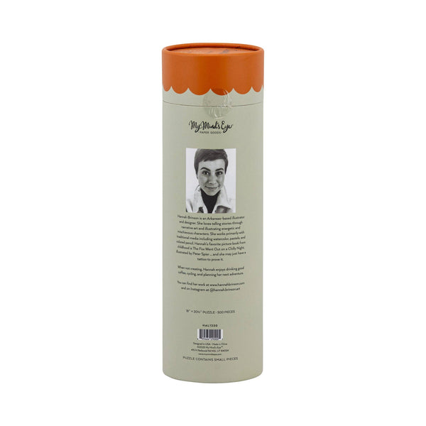 Back of the Apothecary puzzle tube showing supplier branding, barcode and illustrator biography