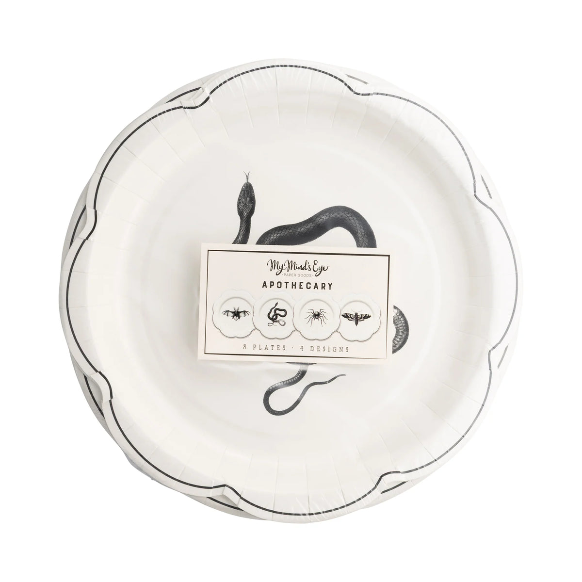 Pack of 8 Apothecary dessert plates showing snake design through clear wrap