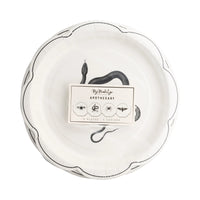 Pack of 8 Apothecary dessert plates showing snake design through clear wrap