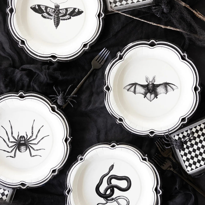 Halloween-themed plates with black spider, bat, and snake designs on a dark surface.