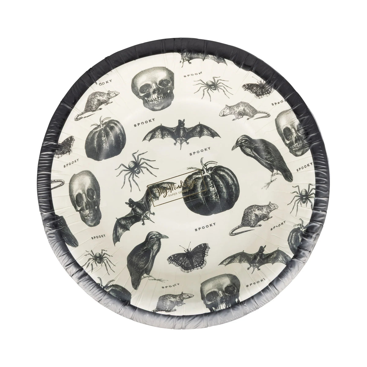 Round bowl with Halloween-themed design featuring skulls, pumpkins, and bats on a white background.