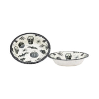 Two Halloween-themed paper bowls with skull and pumpkin designs on a white background.