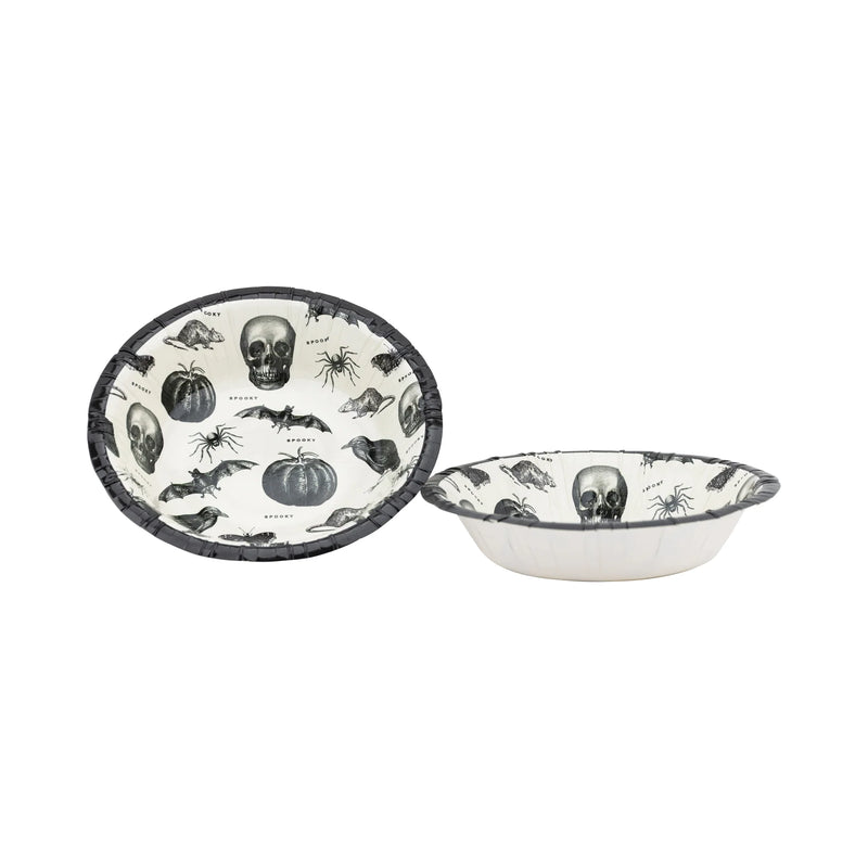 Two Halloween-themed paper bowls with skull and pumpkin designs on a white background.