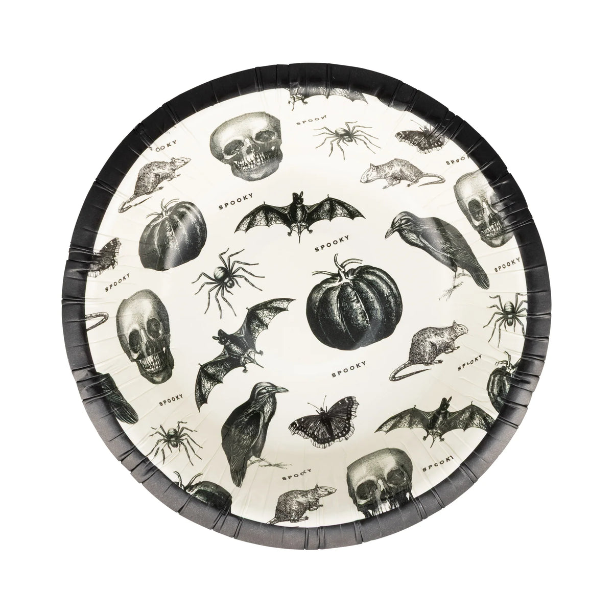 12-ounce paper soup bowl printed with apothecary-style skulls, bats, spiders, pumpkins, and ravens on cream, finished with a black rim.
