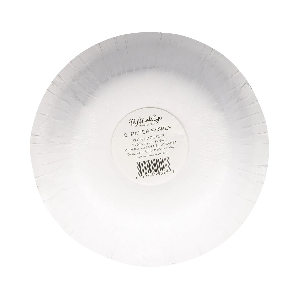 White paper bowl with a label on a white background