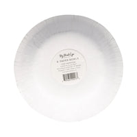 White paper bowl with a label on a white background