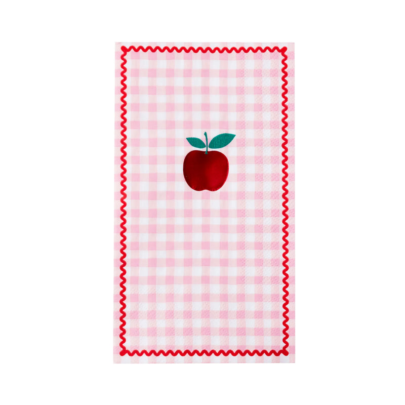 Single pink gingham apple paper guest towel on white background showing pink and white gingham pattern, red rickrack scalloped border, and red apple with green leaves illustration in the center