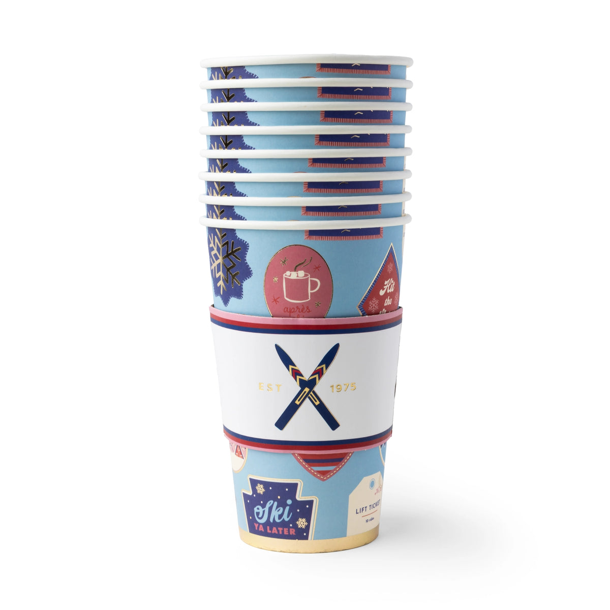 Stacked Apres Ski hot cups with the ski-patch print
