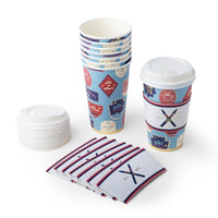 Apres Ski hot cups, lids, and napkins styled together