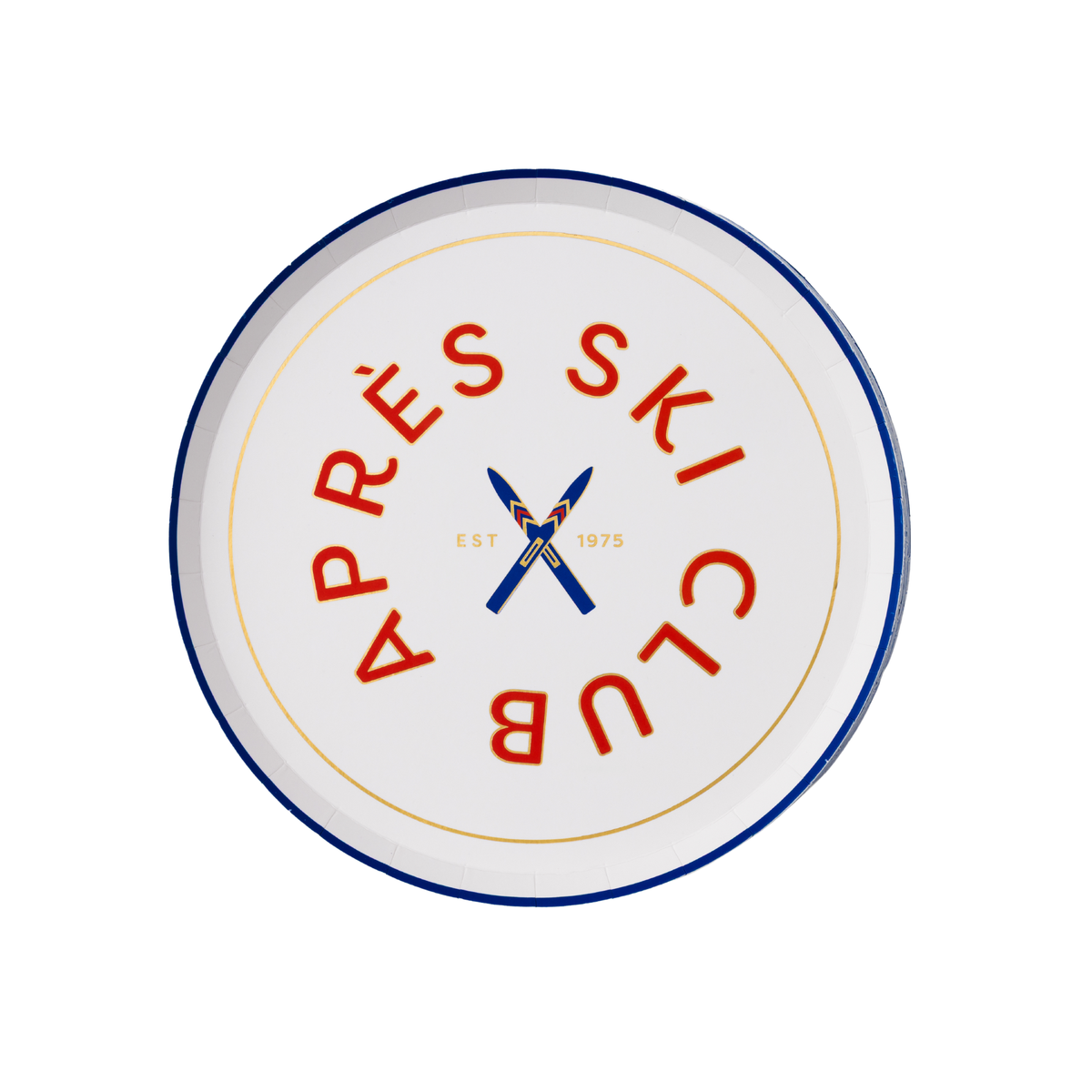 Après Ski Club small round plate with red lettering and crossed skis design