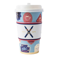 Blue and red Apres Ski hot cup with a crossed-skis motif and a lid