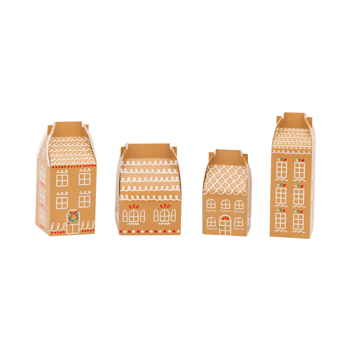 Isolated view of four assorted gingerbread house treat boxes designs, showing the printed frosting details.
