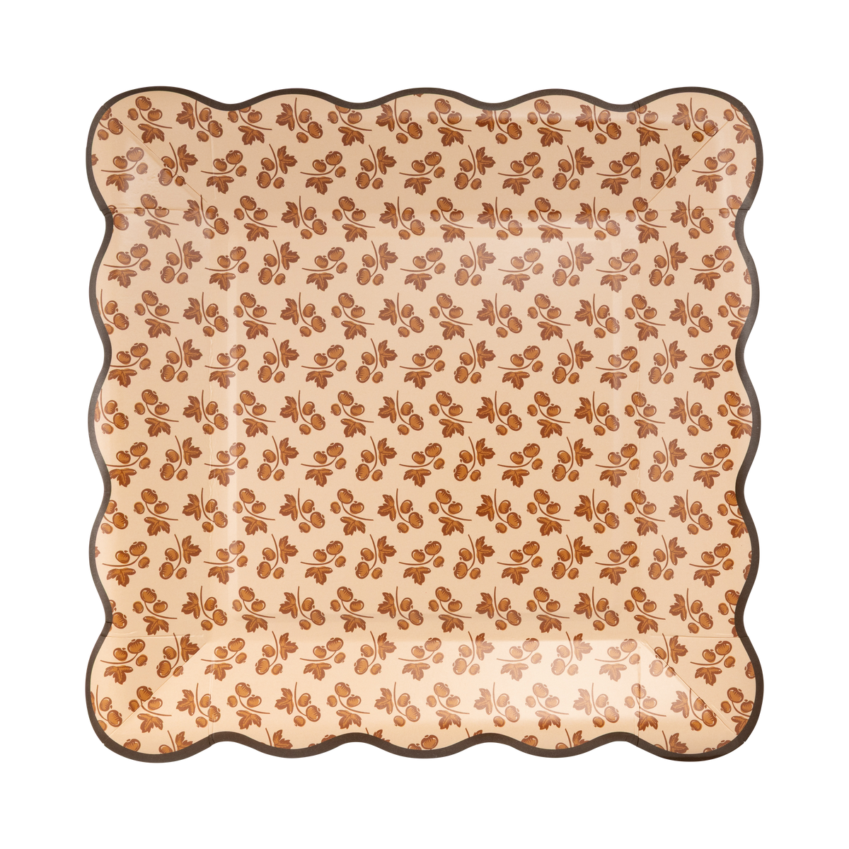 Cream square paper plate with a brown floral block-print pattern and a wavy brown edge, front view.