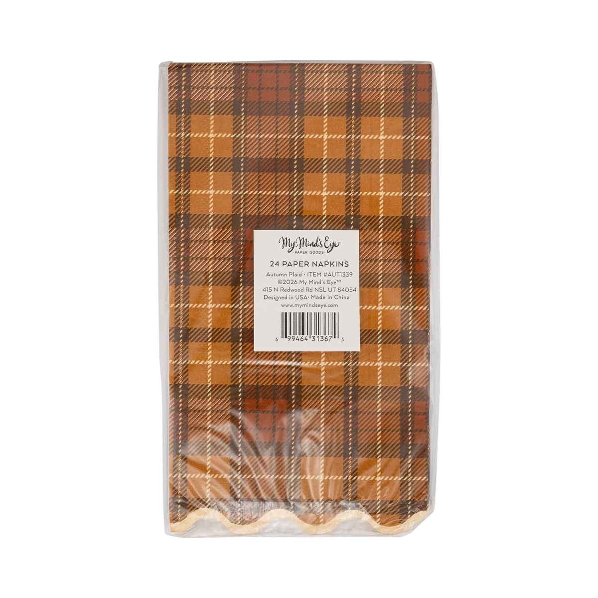 Back of the Autumn Plaid Paper Dinner Napkins packaging with the label.