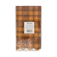 Back of the Autumn Plaid Paper Dinner Napkins packaging with the label.